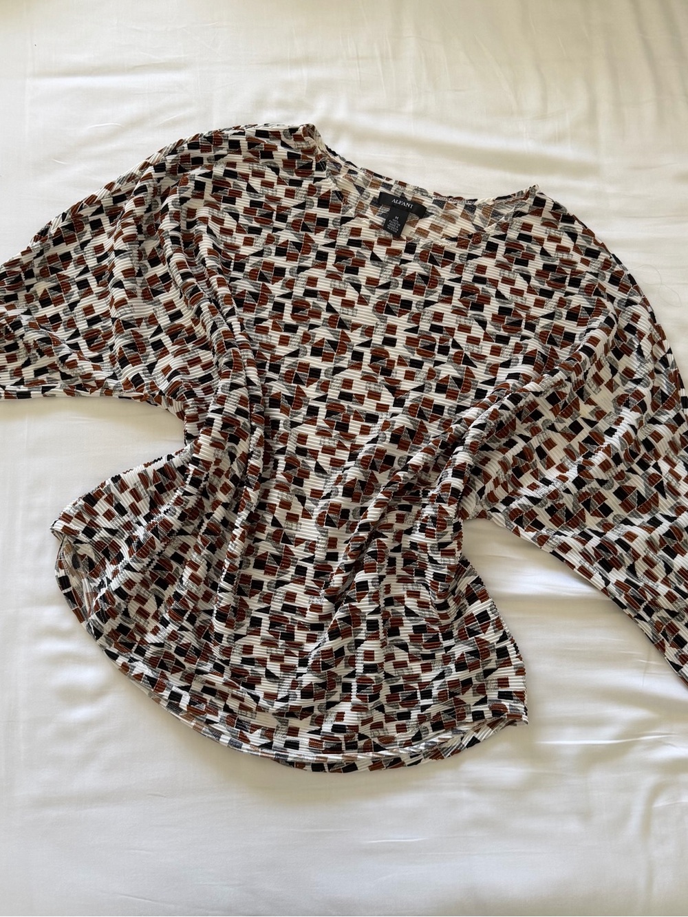 Alfani White Geometric Print V-Neck Blouse with Brown and Black Accents